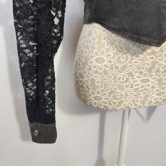 Banjo Dallas TX Women's Size Small Black Denim & Lace Long Sleeve Crop Top Goth - Picture 5 of 16